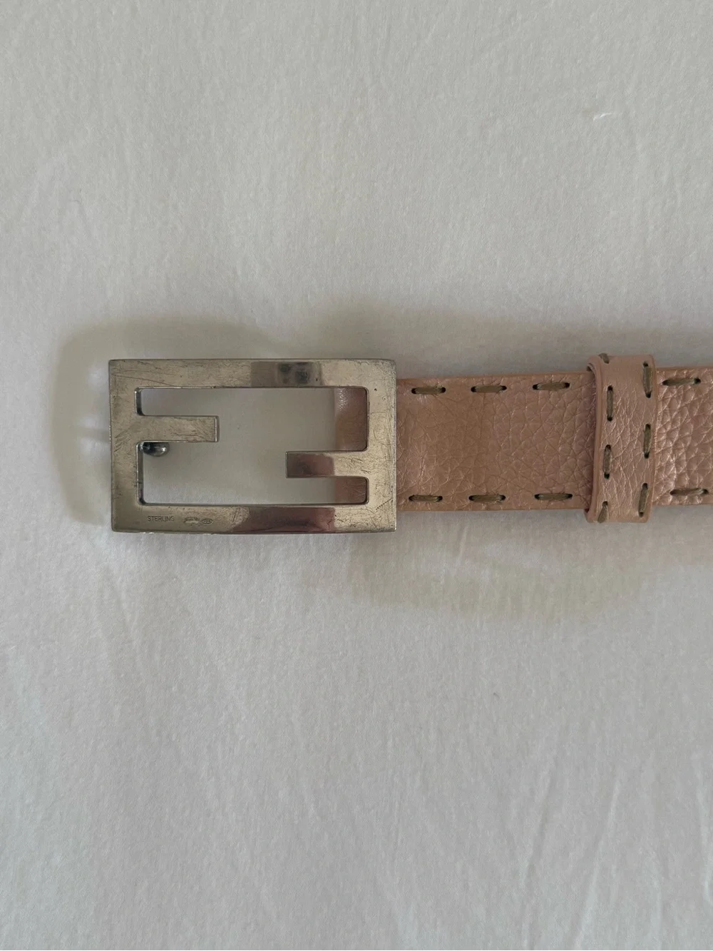 Fendi Nude/Tan Leather Belt with Sterling Silver Buckle